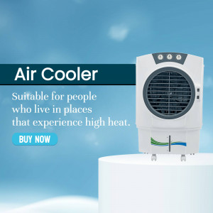 White air cooler on a white platform with a blue gradient background