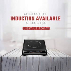 Black induction cooktop on a white wooden surface with promotional text.
