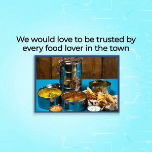 Image of Indian food in tiffin carriers with text 'We would love to be trusted by every food lover in the town'