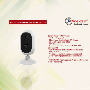 White Trueview wireless WiFi security camera with features listed