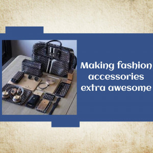 A collection of black and gray patterned fashion accessories including a handbag, wallet, cardholder, and phone cases.