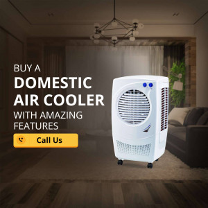 White domestic air cooler in a living room setting with promotional text.