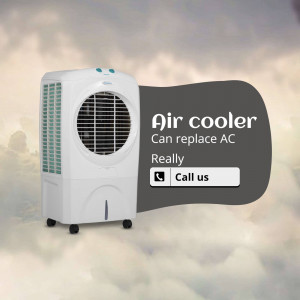 White air cooler with text 'Air cooler Can replace AC Really' and a call to action.