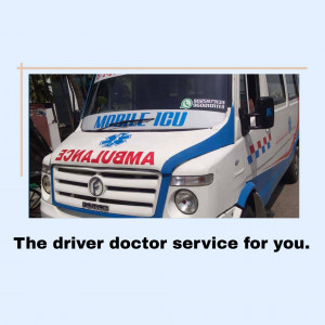 A white and blue ambulance with 'MOBILE ICU' written on it.
