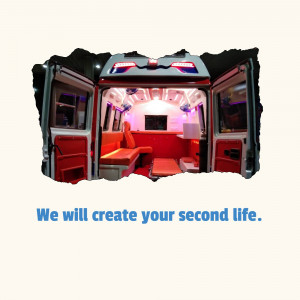 Interior view of a custom-built camper van with red seating and modern lighting.