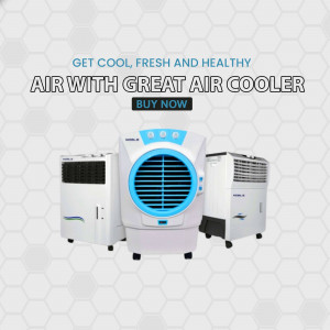 Three air coolers against a hexagonal background with text promoting cool, fresh air.