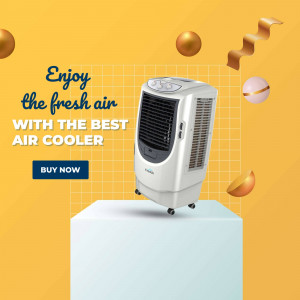 Symphony air cooler on a pedestal with golden accents and text 'Enjoy the fresh air with the best air cooler'