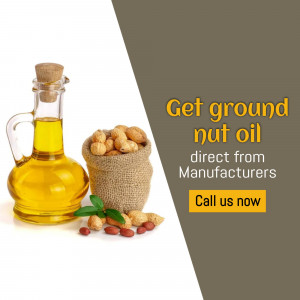 Bottle of groundnut oil with peanuts and a call to action