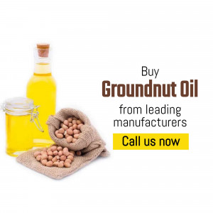 Groundnut oil in bottles and peanuts in a sack with a call to action