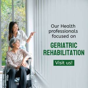 A young healthcare professional assisting a senior woman in a wheelchair, promoting geriatric rehabilitation services.