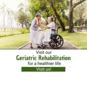 Elderly couple in a park with one in a wheelchair, promoting geriatric rehabilitation services.