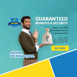 Aegon Life POS Insurance advertisement featuring a man holding a bag of money.
