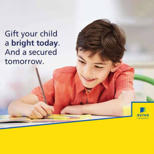 A young boy drawing with crayons, promoting Aviva Life Insurance.