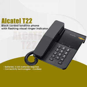 Black Alcatel T22 landline phone with cord and visual ringer indicator