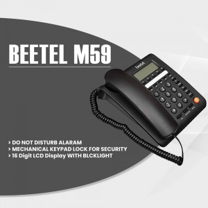 Black Beetel M59 landline phone with features listed