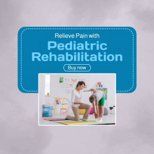 Image promoting pediatric rehabilitation services with a therapist assisting a child.