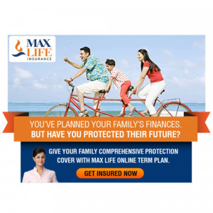 Family riding a bicycle with Max Life Insurance advertisement