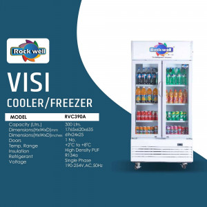 Rockwell Visi Cooler/Freezer RVC390A with glass doors and beverage display