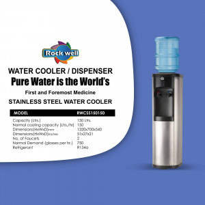 Stainless steel water cooler with a blue water bottle on top, displaying model specifications.