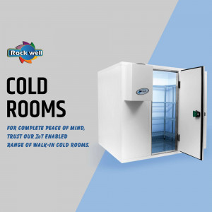 Rockwell Cold Room with open door, showcasing interior shelving and cooling unit.