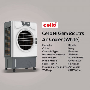 White Cello Hi Gem 22 Litres Air Cooler with product specifications