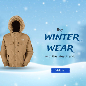 Image of a brown winter jacket with text promoting a winter wear sale.
