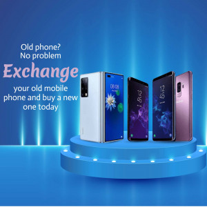 Image showcasing a mobile phone exchange offer with multiple smartphone models.