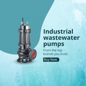 Industrial wastewater pump on a teal background with text promoting purchase.