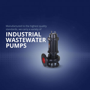 Black industrial wastewater pump on a blue background with text.
