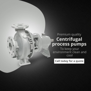 Silver centrifugal pump with text overlay promoting quality and environmental benefits.