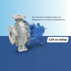 Silver and blue industrial centrifugal pump with a call to action button