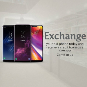Three smartphones displayed with an exchange offer promotion.