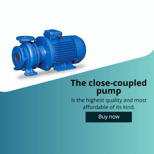 Blue close-coupled pump with text overlay