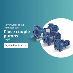 Image of close coupled pumps with text promoting their availability.