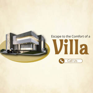 Modern villa with a car in the driveway and text 'Escape to the Comfort of a Villa'