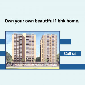 Image of a residential building with text promoting 1 BHK homes