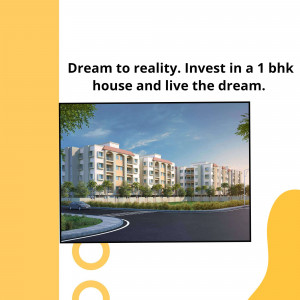 Modern apartment building with a curved driveway, promoting a 1 BHK house investment.
