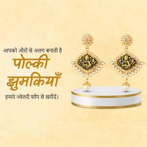 Close-up of Polki earrings with Lakshmi motif on a white platform