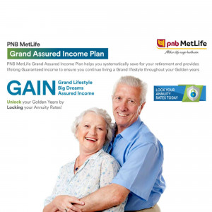 Image of a smiling elderly couple promoting PNB MetLife's Grand Assured Income Plan.