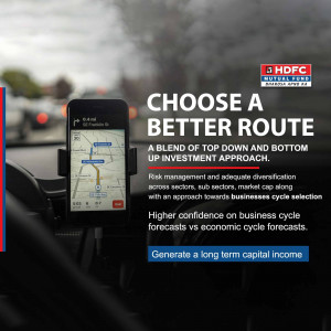 Smartphone displaying a navigation app in a car dashboard, promoting HDFC Mutual Fund.