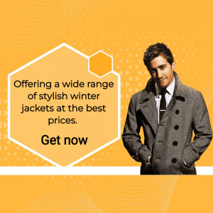 Man wearing a winter jacket with promotional text.