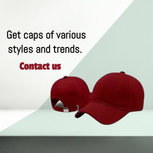Red baseball caps displayed on a minimalist background with text promoting various styles and trends.