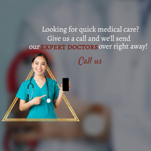 Nurse pointing to a smartphone with text promoting quick medical care and doctor on call services.