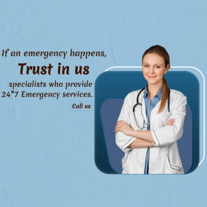 Female doctor with stethoscope promoting 24/7 emergency services