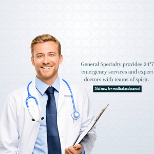 A smiling doctor in a white coat with a stethoscope, promoting emergency medical services.