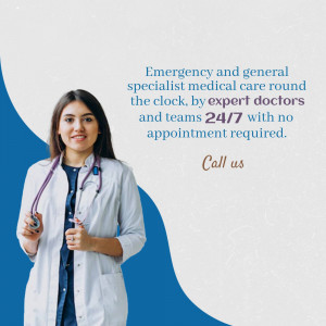 Female doctor with stethoscope promoting 24/7 medical care