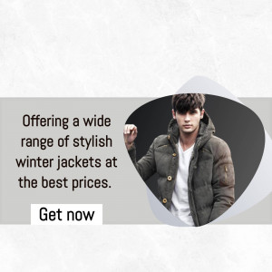 Man wearing a dark green winter jacket with text promoting a wide range of stylish winter jackets.