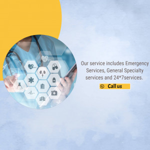 Doctor using a tablet with medical icons, promoting healthcare services.