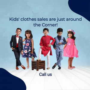 Group of children in stylish outfits promoting a kids' clothing sale.