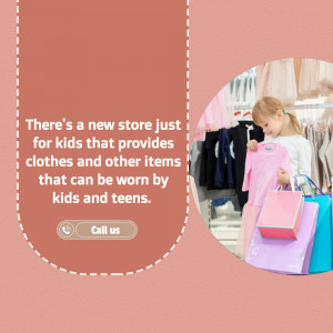 Advertisement for a new kids clothing store with a girl shopping and text promoting the store.